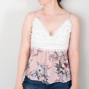 Lace Floral Cami Tank Top Pink and White Open Tie Back Scoop V-Neck Shein Cutout